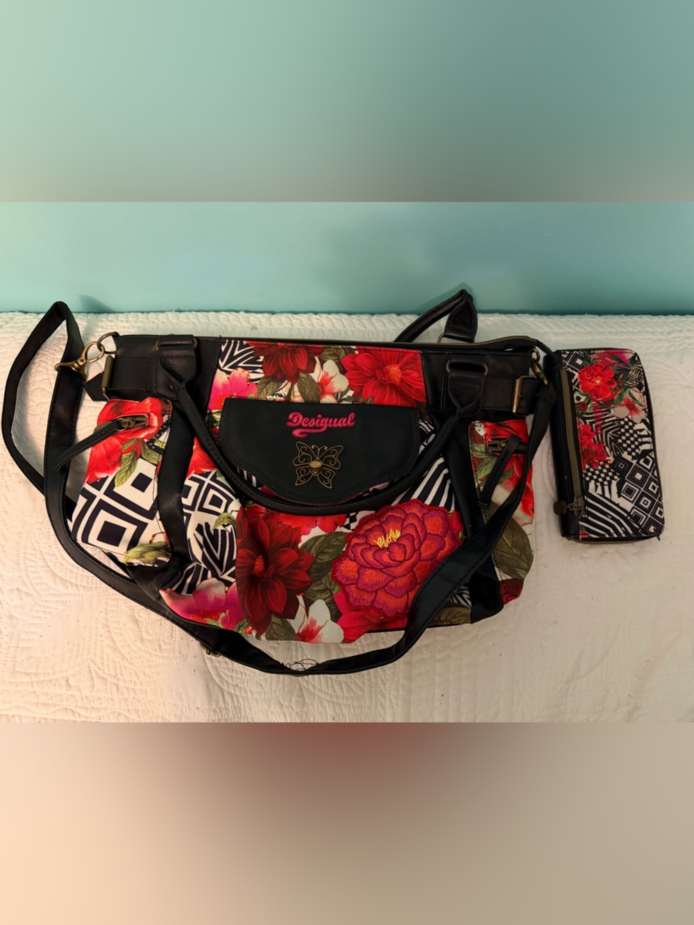 Desigual Black Tote with Red Floral Print